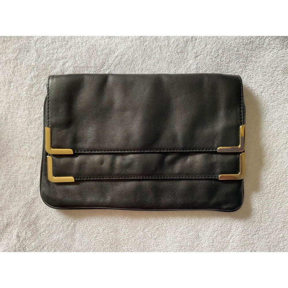 Michael Kors Black leather Clutch Bag 11"x 7" Magnetic closure 2 Flaps Gold-tone